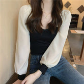 Color Stitching Skinny Chiffon Long Sleeve Shirt